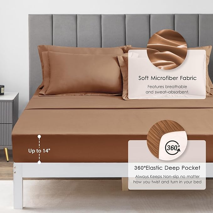 Love's cabin California King Comforter Set Mocha Mousse, 7 Pieces California King Bed in a Bag, All Season Bedding Sets with 1 Comforter, 1 Flat Sheet, 1 Fitted Sheet, 2 Pillowcase and 2 Pillow Sham
