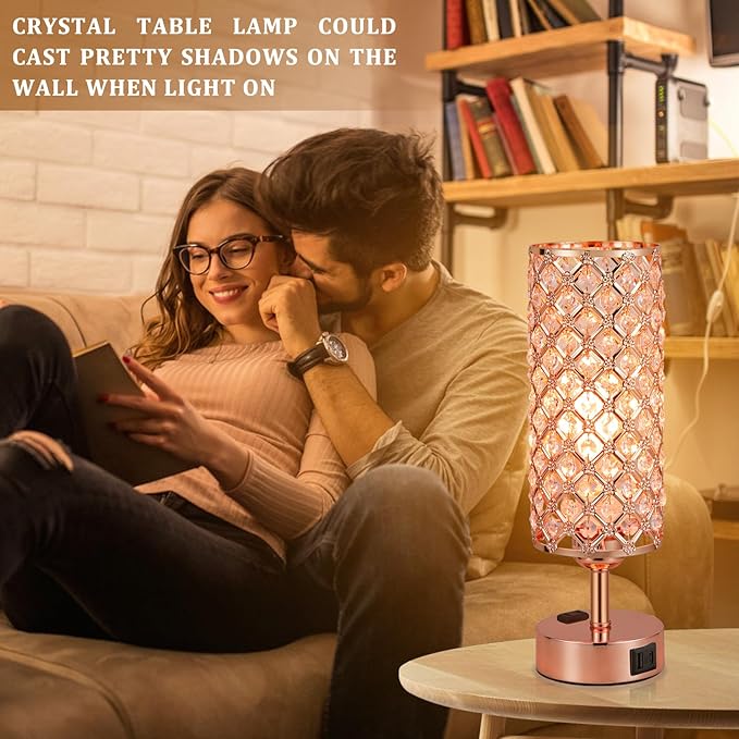 Hong-in Crystal Table Lamp, Rose Gold Bedroom Lamp with USB C+A Ports & AC Outlet, 3 Way Dimmable Light with Crystal Lampshade, Bedside Lamp Touch Light for Living Room, Charge Phone (Bulb Included)