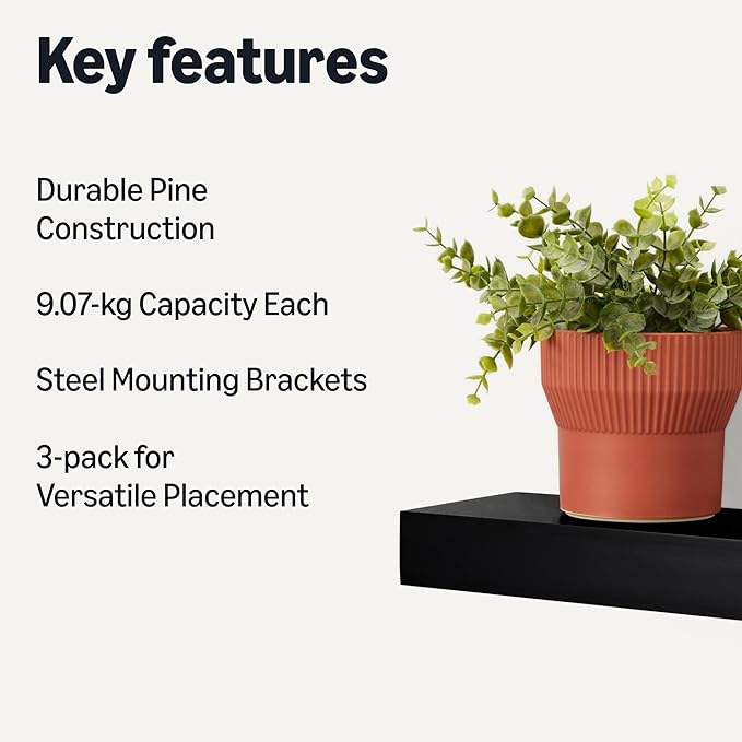 Amazon Basics Wood Floating Wall Shelves, Pack of 3, Black, 15.8" x 5" x 1.8"