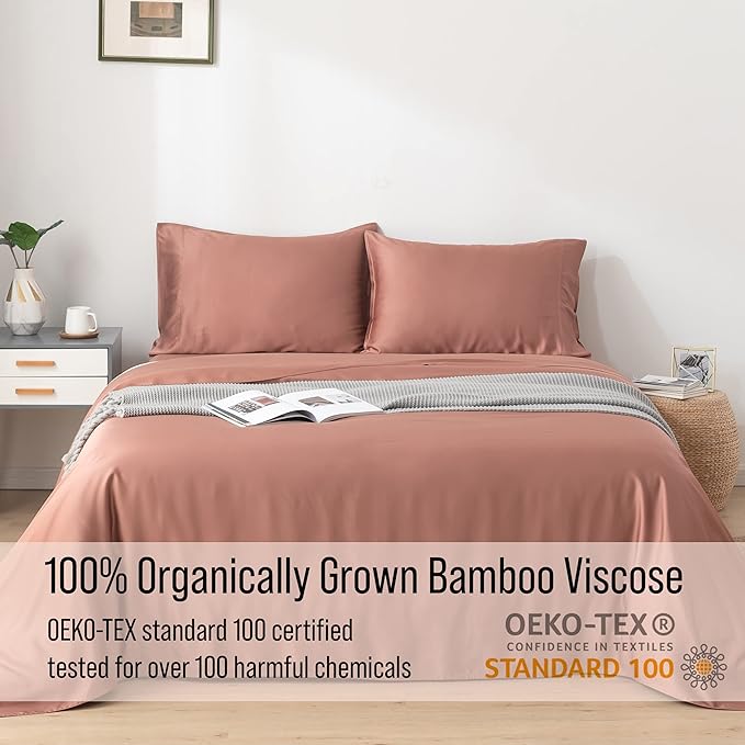 Bella Coterie Luxury Bamboo Viscose Queen Size Sheet Set | 100% Organically Grown | Ultra Soft | Cooling for Hot Sleepers | 18" Deep Pocket [Raisin] BC