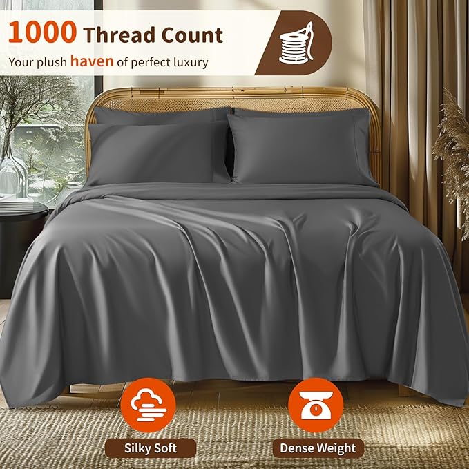 LBRO2M 1000 Thread Count 100% Egyptian Cotton Sheets Set 6 Piece Sets Queen Bed Sheet Deep Pocket Sheet Set 16" Soft Comfortable All Season (Queen, Dark Gray)