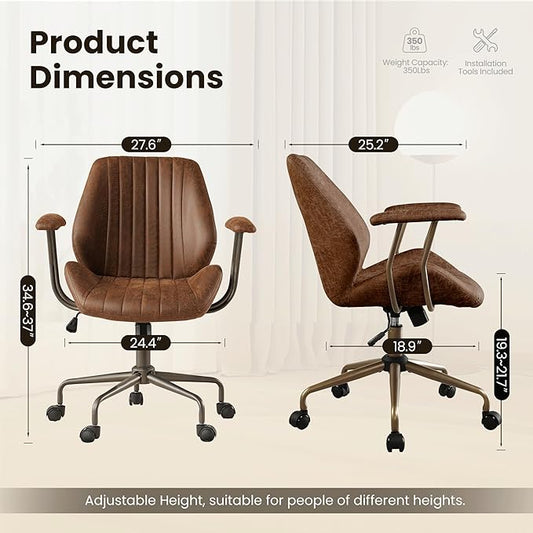 Home Office Desk Chair, Mid-Century Modern Office Chair with Adjustable Lumbar Support, Adjustable Height Executive Chair with 360 Rolling Swivel for Meeting Study Room(Mid Back, Dark Brown)