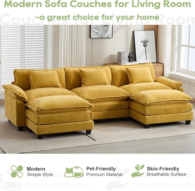 120" Modular Sectional Sofa, Comfy Cloud Couch Sectional Sofa with Ottoman, Chenille Sofa Sleeper Deep Seat Sofa with Throw Pillows for Living Room (Yellow, 120"- U Shape)