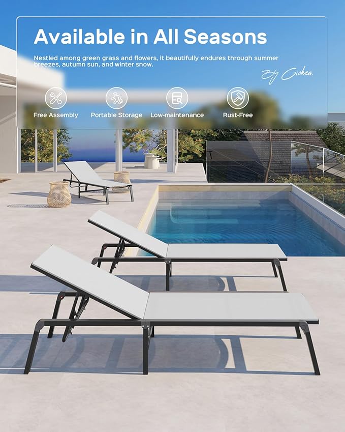 Aluminum Chaise Lounge Ourdoor - Foldable & Assemble Free Outdoor Lounge Chair with 5 Adjustable Backrest, Patio Lounge Chair for Outside Poolside Beach Pool, White