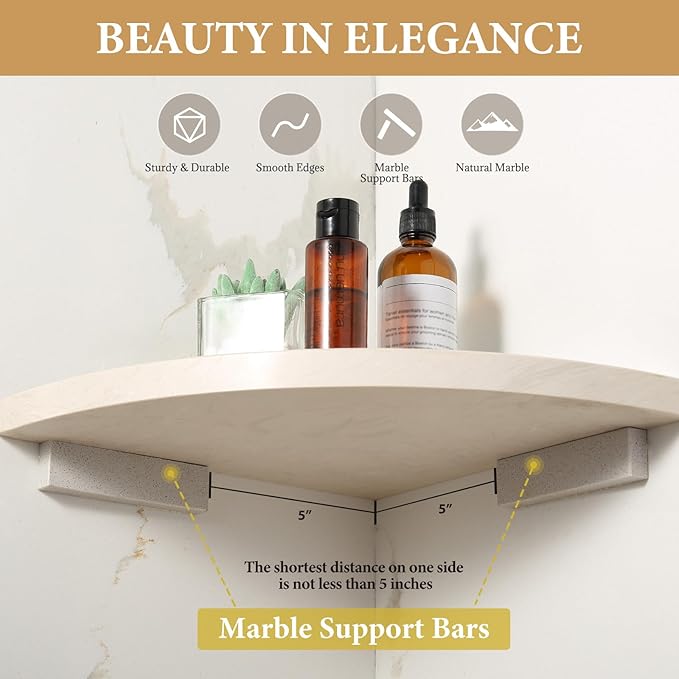 Koville Italian Natural Marble Corner Shelf, 2 Pcs Wall Mounted Marble Bathroom Corner Shelves Organizers, Polished Stone Corner Shower Caddy, No Drilling Adhesive Shower Caddies - Khaki Rose