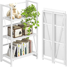 4NM No Assembly Folding Bookshelf Storage Shelves 3 Tiers Vintage Bookcase Standing Racks Study Organizer Home Office (All White)