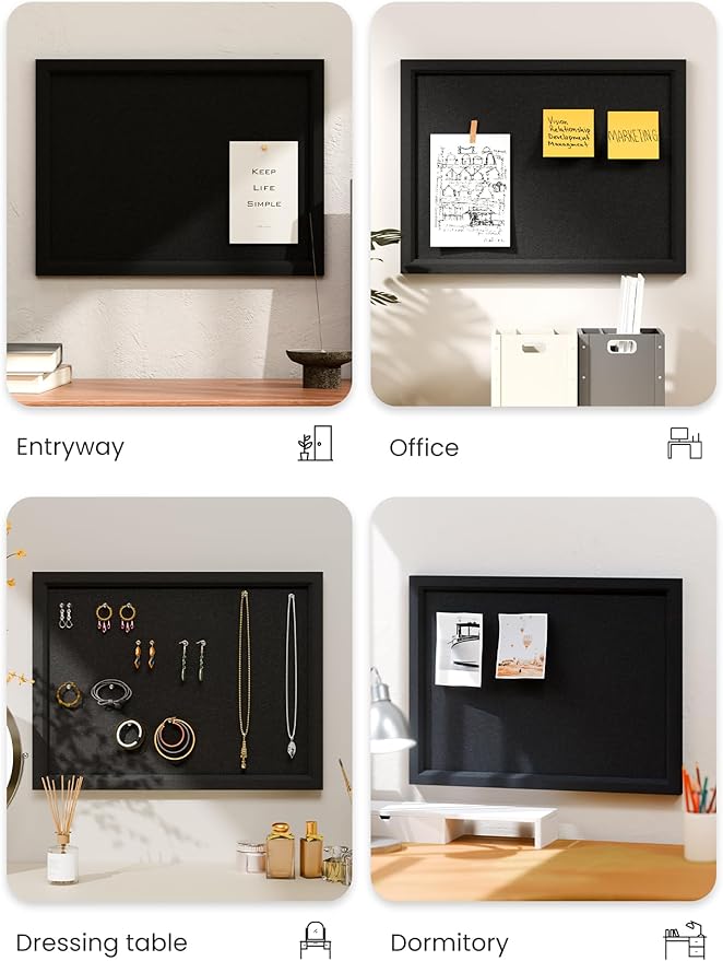 Felt Cork Board Alternative, Felt Bulletin Board 16" x 12" Black Frame with 8 Adhesive Tabs, Pin Board for Home Office, Classroom, Entryway, Kitchen Wall Decor—Black