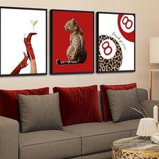 Trendy Leopard Canvas Wall Art Set of 3 Preppy Funky Red Boot Martini 8 Ball Wall Decor Pictures Feminism Aesthetic Cheetah Poster Prints for Girly Bedroom Apartment Decoration 12X16in Unframed