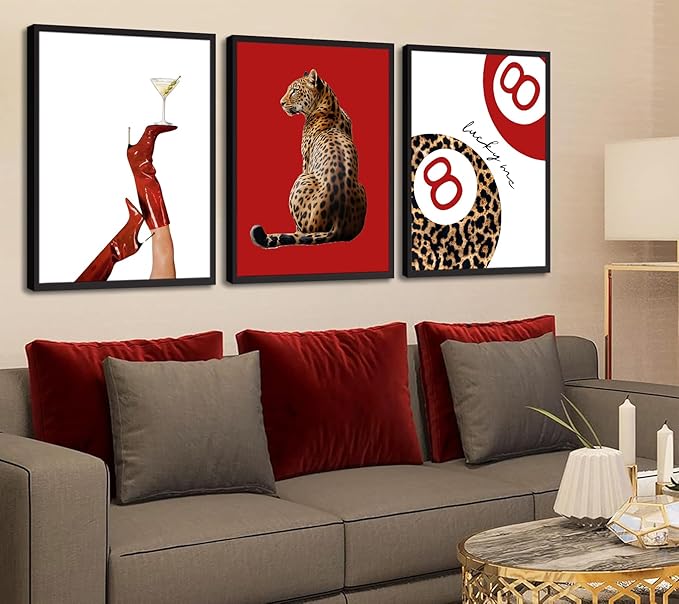 Trendy Leopard Canvas Wall Art Set of 3 Preppy Funky Red Boot Martini 8 Ball Wall Decor Pictures Feminism Aesthetic Cheetah Poster Prints for Girly Bedroom Apartment Decoration 12X16in Unframed