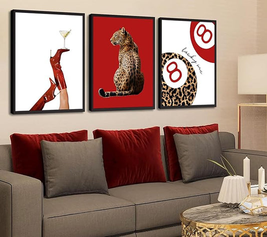 Trendy Leopard Canvas Wall Art Set of 3 Preppy Funky Red Boot Martini 8 Ball Wall Decor Pictures Feminism Aesthetic Cheetah Poster Prints for Girly Bedroom Apartment Decoration 12X16in Unframed