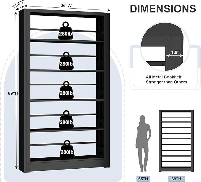 Metal Bookshelf, 5 Tier Bookshelf with Adjustable Shelves, Black Bookcase, Heavy Duty 69” Tall Bookcase, Large Book Case Book Shelf for Bedroom, Living Room, Office, Library