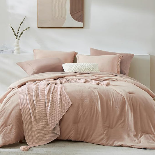 WRENSONGE Queen Comforter Set - 7 Pieces Clay Pink Soft Bed in a Bag Queen with Fitted Sheet, Flat Sheet, 2 Pillow Shams, and 2 Pillowcases- Warm Bedding Sets for All Season