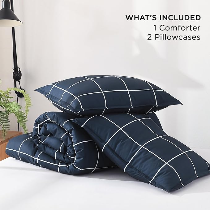 Andency Navy Plaid Comforter Queen(90x90Inch), Dark Blue Grid Gingham Buffalo Plaid Bed Set for Boys Kids Teens, 3 Pieces Lightweight Microfiber Geometric Preppy Bedding