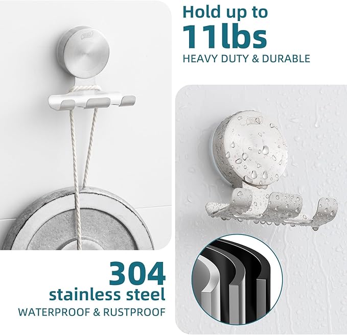 TAILI 2 Pack Powerful Suction Cup Razor Holder, 304 Stainless Steel Bathroom Suction Hooks for Towel, Loofah, Bathrobe, Stylish Shaver Holder for Shower Wall, Easy to Install and Reuse, Silver