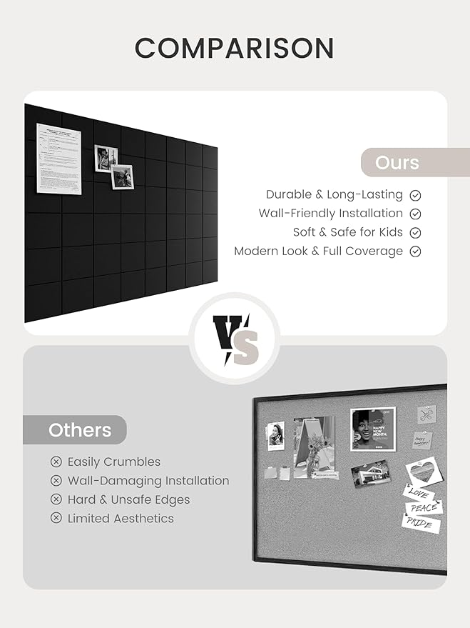 Bumusty Large Cork Board Alternative-47 x35 Felt Bulletin Board Tiles, with 30 Pushpins, 70 Adhesive Tabs, 12-Pack Slat Wall Paneling, Cork Boards for Office Push Pin Board Felt Board-Black