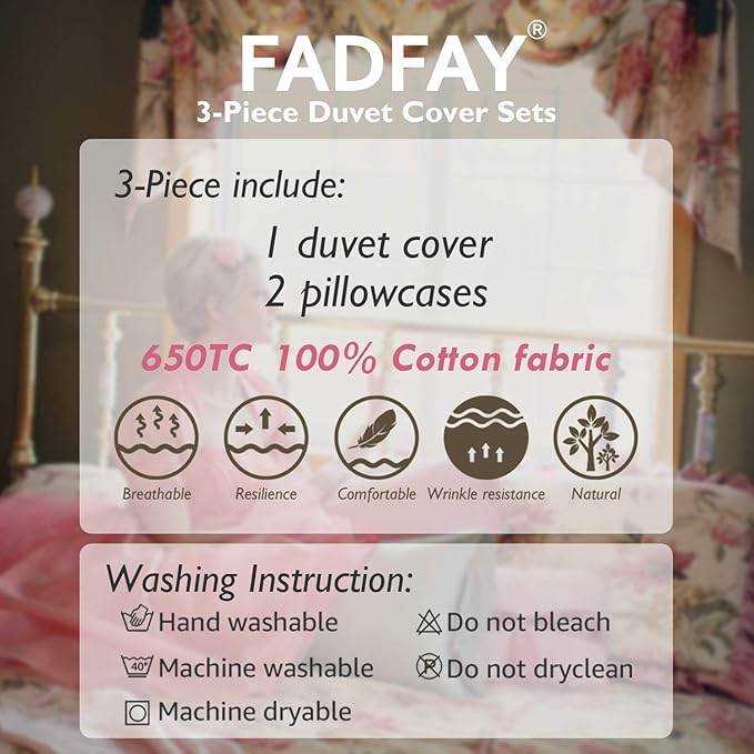 FADFAY Duvet Cover Set 3 Pieces 100% Cotton Twin XL 600 TC Floral Bedding Set Flower Printed White Fresh Pattern with Zipper Closure 1 Duvet Cover 2 Pillowcases for Kids Adult