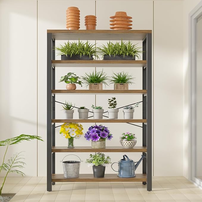 6-Tier 39.37" Wide Heavy Duty Bookshelf, Industrial Wood and Metal Bookshelf, Vintage Bookcase with Lock Wall Design, Living Room Shelf, Rustic Brown