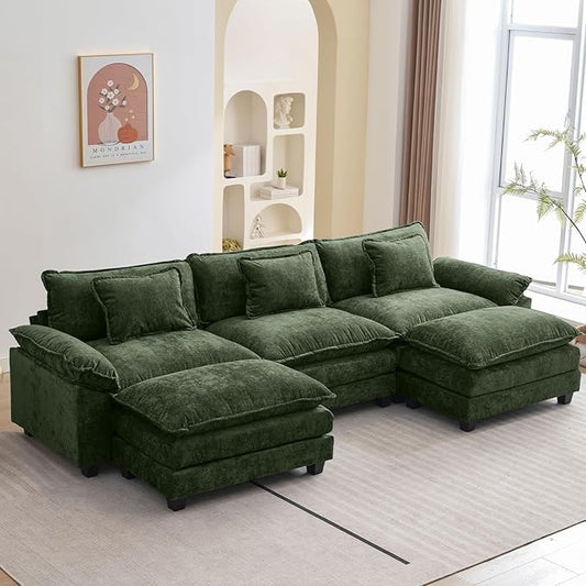 120" Modular Sectional Sofa, Comfy Cloud Couch Sectional Sofa with Ottoman, Chenille Sofa Sleeper Deep Seat Sofa with Throw Pillows for Living Room (Green, 120"- U Shape)