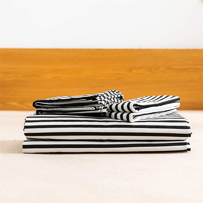 JELLYMONI 100% Natural Cotton 3pcs Striped Duvet Cover Sets,White Duvet Cover with Black Stripes Pattern Printed Comforter Cover,with Zipper Closure & Corner Ties(Queen Size)