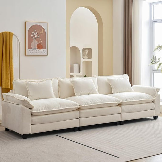 120" Modular Sectional Sofa, Comfy Cloud Couch Sectional Sofa, Chenille Sofa Sleeper Deep Seat Sofa with Throw Pillows for Living Room (Beige White, 120"- 3 Seater)