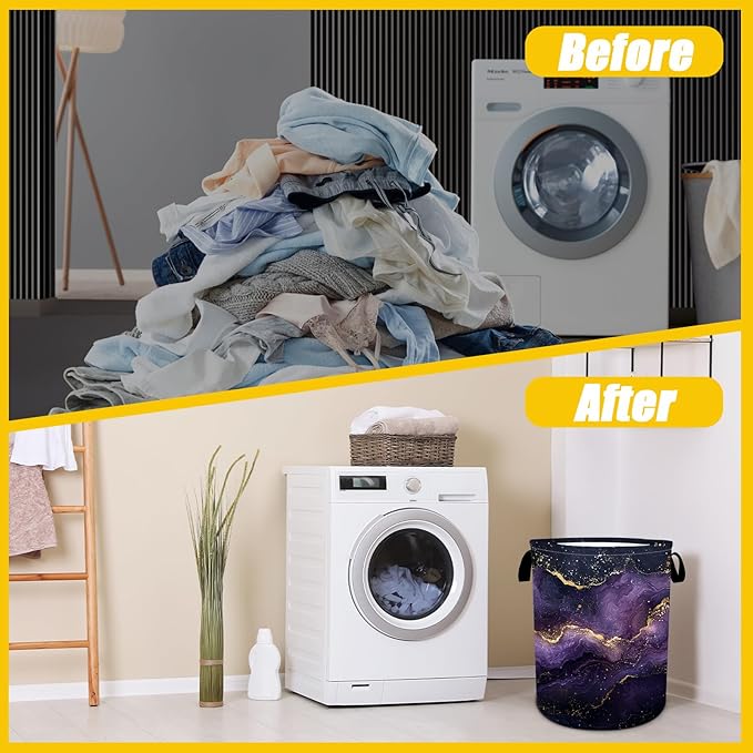 Purple Gold Marble Laundry Basket,Foldable Oxford Cloth Funny Tote Bag Laundry Hamper Clothes Storage Bucket Toy Organizer For Bathroom Laundry Storage Bedroom 18.9x16.5