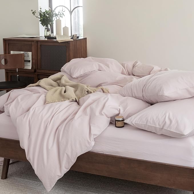 FOSSA Duvet Cover Set 100% Washed Cotton Linen Feel Super Soft Breathable Cozy 3 Pieces Bedding Sets Solid Greyish Pink Oversized Queen