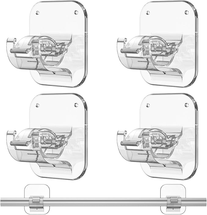 No Drill Curtain Rod Brackets No Drilling Holder 20lb - Renter Friendly Self Adhesive Hooks for Apartment Dorm Classroom Essentials Decor Hanging Drapes Rv Over Blinds Kitchen Bedroom Home