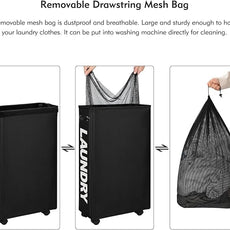 DOKEHOM 29-Inches Enlarged Slim Laundry Basket with Removable Wash Bag on Wheels, Collapsible Rolling Laundry Hamper, Foldable Narrow Corner Clothes Storage Bins (Black)