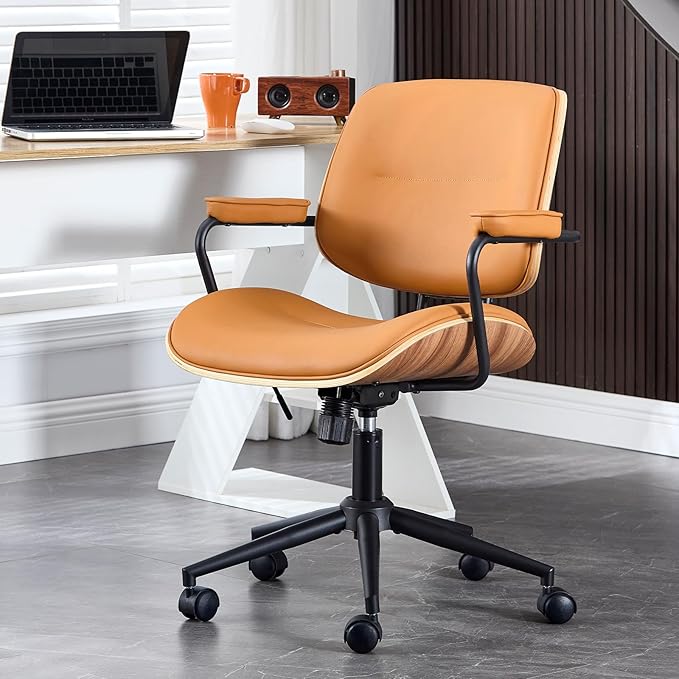 BV Mid Century Modern Office Chair Set of 1, Swivel Rolling Deak Chair with Armrests and Walnut Back, Adjustable Desk Chair for Home Office, Brown