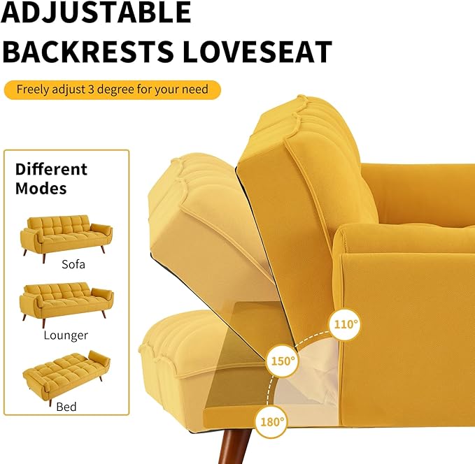 Convertible Futon Sofa Bed, Linen Sleeper Couch, 75" W Modern 3 Seater Tufted Sofa with Adjustable Backrests and Solid Wood Legs for Small Spaces, Living Room, Bedroom, Golden Yellow