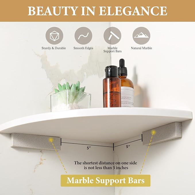 Koville 2 Pcs White Marble Corner Shower Shelf for Bathroom, 10'' Polished Marble Corner Shelves for Bath, Wall Mounted Stone Corner Shower Caddy, No Drilling Adhesive Shower Shelf