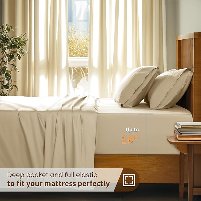 LBRO2M 100% Cotton Sheets Set Deep Pocket 19", 1000 Thread Count Queen Size 4 Piece Bed Sheet Sets Soft Comfortable Bedding All Season (Queen, Linen) LBRO2MBedding