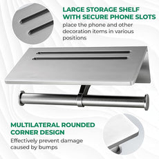 Toilet Paper Holder - Aluminium Double Roll Toilet Tissue Holder with Mobile Phone Shelf for Bathroom, 3M Self Adhesive No Drilling or Wall-Mounted, Rustproof Modern Style Brushed Nickel