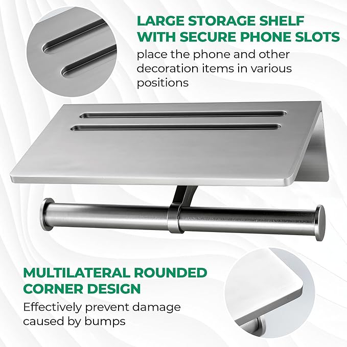 Toilet Paper Holder - Aluminium Double Roll Toilet Tissue Holder with Mobile Phone Shelf for Bathroom, 3M Self Adhesive No Drilling or Wall-Mounted, Rustproof Modern Style Brushed Nickel