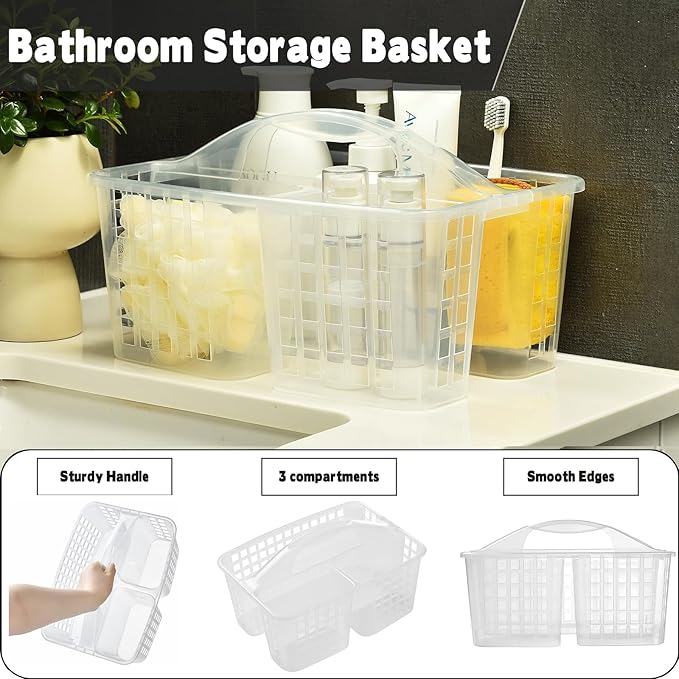 Haundry Plastic Shower Caddy Basket with 3 Compartments, Portable Divided Cleaning Supply Storage Organizer with Handle (Clear)