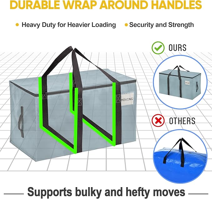 VENO 2 Pack Moving Bags, Upgraded Heavy Duty, Moving Boxes Alternative, Packing Storage Supplies for Dorm Room Essentials with Zipper for Clothes, Large Totes for Packaging (Light Blue, 2 Pack)