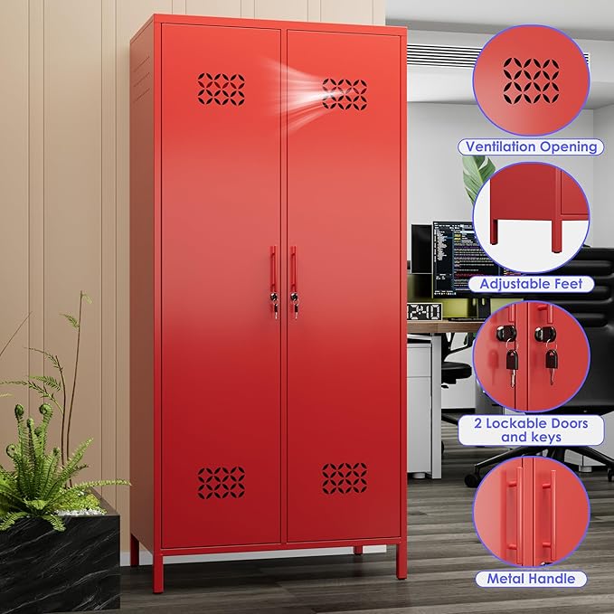 Aobabo Metal Wardrobe Cabinets with Lock, 2 Door Metal Closet with 4 Adjustable Shelves and 2 Hannging Rod, Lockable Locker Cabinet, Storage Locker for Home, Office,Red, Assembly Required