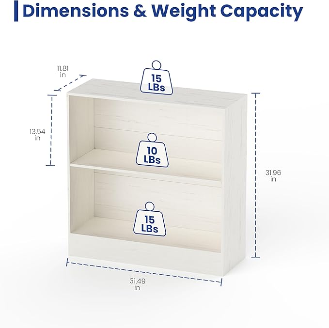2-Shelf Bookcase, 32 in Tall Cream White 31.5 in Wide Floor Standing Bookshelf, Floor Standing Display Storage Shelves with Adjustable Shelves for Living Room Hallway Home Office Bedroom