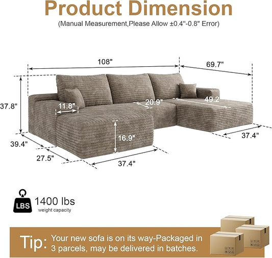 108" Sectional Couches for Living Room Modern Modular Sofa with L-Shape Couchs Upholstered Boneless Couch Deep Seat Sectional Couch with Chaise (Camel, Right Facing Chaise+2Seaters+1Ottoman)
