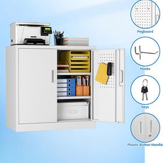 SUXXAN Metal Storage Cabinet with Pegboard 31.5'' x 31.5'' x 16.5'',Lockable Rolling Steel Storage Cabinet with 5 Adjustable Shelves and Door for Garage, Office, Kitchen, Assembly Required(White)