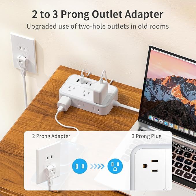 NTONPOWER Extension Cord 15 FT, 1875W Two Prong to Three Prong Outlet Adapter, Power Strip, Rotating Plug 2 Prong Extension Cord with 4 USB Ports(2 USB C), for Old House