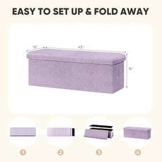 PINPLUS Folding Storage Ottoman Bench, Sherpa Ottoman with Storage, Large Long Shoes Bench Chest with Lid, Footrest for Living Room, Entryway, Purple 43'' x 15'' x 15''