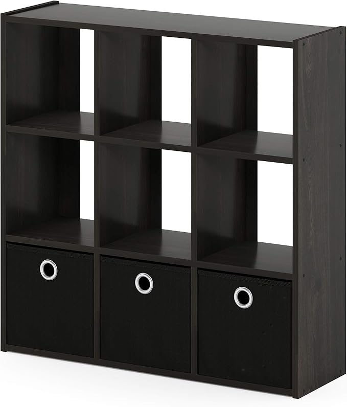 Furinno Simplistic 9-Cube Organizer with Bins, Small Size (Assembled unit dimensions : 7.9"D x 26.5"W x 26.7"H inches), Espresso/Black