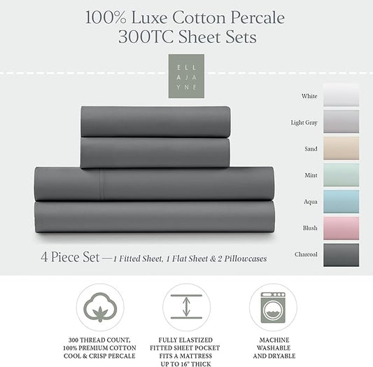 Ella Jayne Percale Sheets Queen (4 Pieces), Permium 100% Cotton Percale TC300, Hotel Luxury Collection, Deep Pockets and Cooling Sheets (Charcoal)