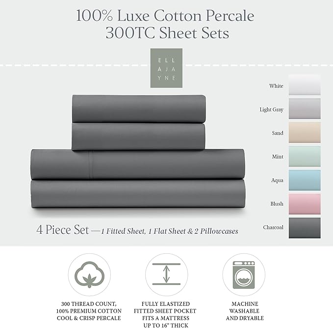 Ella Jayne Percale Sheets Twin (3 Pieces) Permium 100% Cotton Percale TC300, Hotel Luxury Collection, Deep Pockets and Cooling Twin Sheets Set Breathable Cotton Percale (Charcoal)