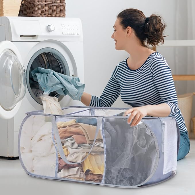 Durable Collapsible Foldable Pop Up Laundry Hamper, Sturdy 3 Compartments, Handy Pocket & Easy to Sort Clothes Hampers for Dorm, Kids Room, Travel - Grey