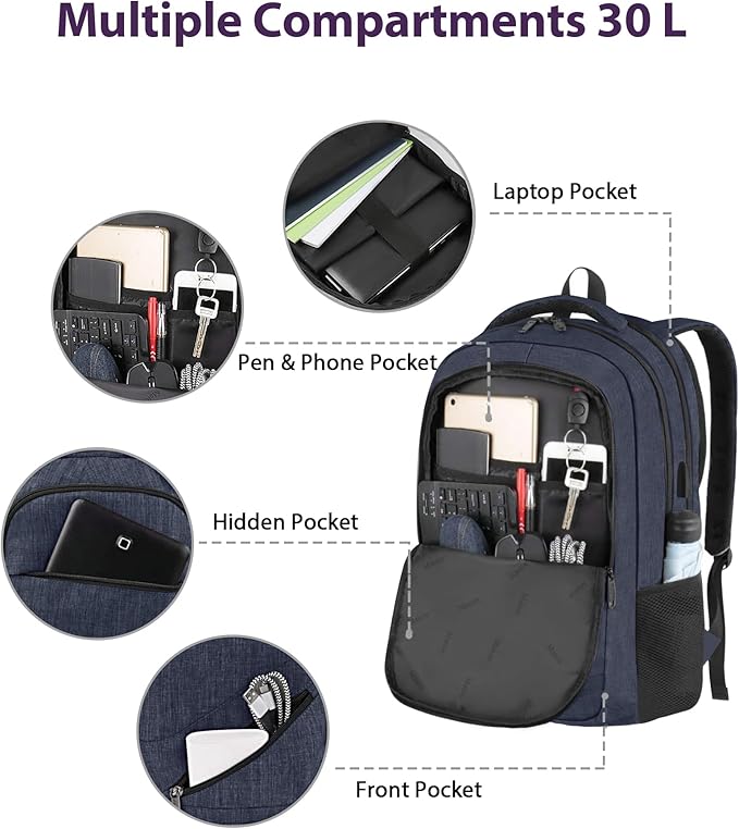 MATEIN 17 Inch Laptop Backpack, Large Work Backpack Travel Carry On TSA Approved with Trolley Sleeve, College Computer Bag with USB Charging Port, Water Resistant Commute Daypack for Men, Dark Blue