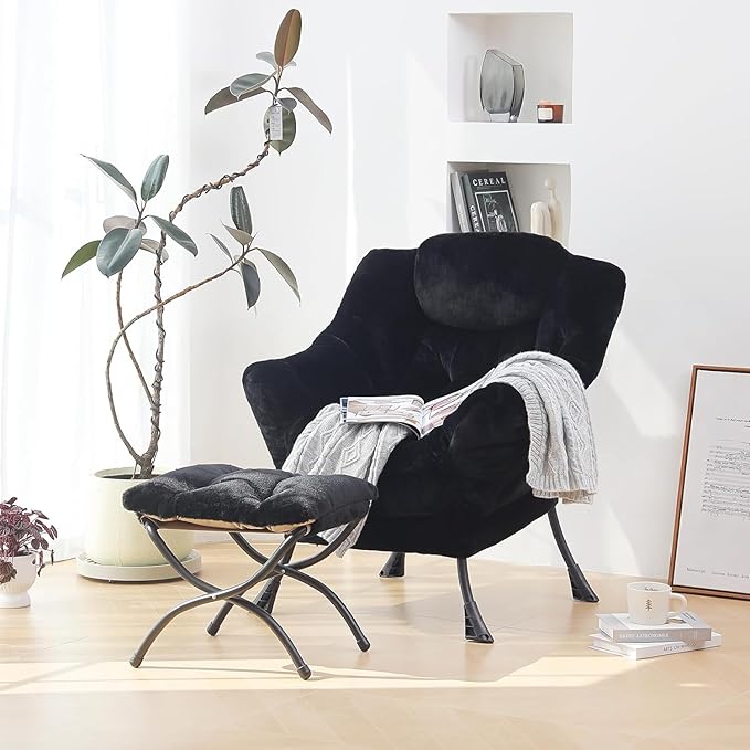 Plush Lazy Chair and Ottoman, Large Contemporary Accent Lounge Chair with Armrests and a Side Pocket, Modern Leisure Upholstered Sofa Reading Armchair with Footrest for Bedroom, Living Room