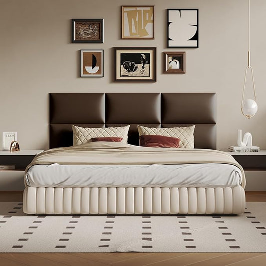 Upholstered Headboard - Bed Backboard, Dark Brown Faux Leather Panels, 24 x 12 Inches Each, 12-Piece Set, Modern Headboard Queen Design, Easy to Assemble, Perfect for Queen Beds