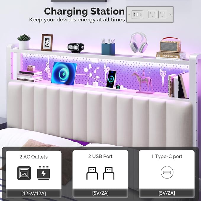 VINGLI Queen Size Headboard Only, Adjustable Upholstered Headboard with 2 Tier Shelves and Pegboard with Charging Stations and LED Lights, Modern Bed Headboard with Storage for Bedroom Decor